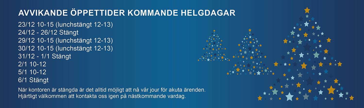 Bild p&aring; tecknad julgran och text om avvikande &ouml;ppettider under storhelgerna