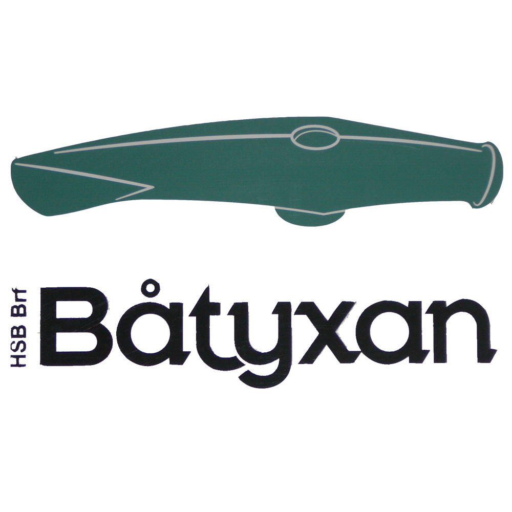 Brf Båtyxans i Trelleborgs logotyp, ett grönt yxhuvud