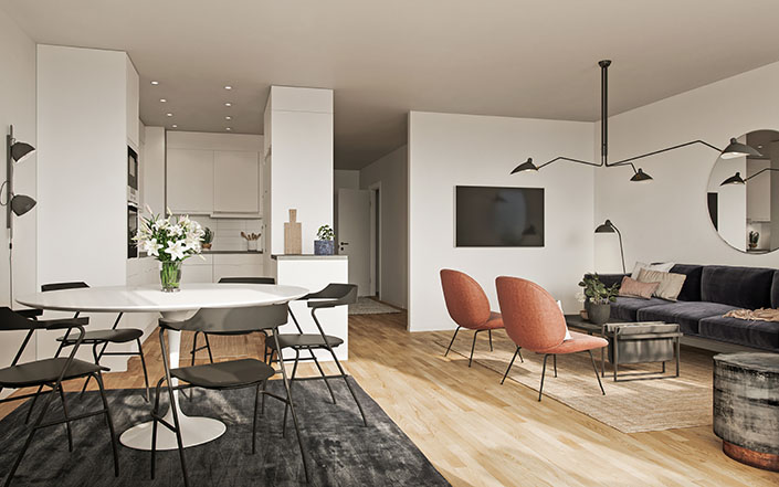 Planlösning vardagsrum och köksdel.