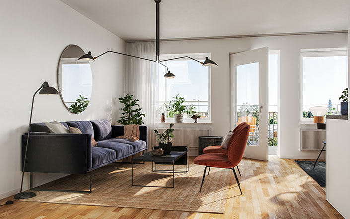 Vardagsrum med balkong.