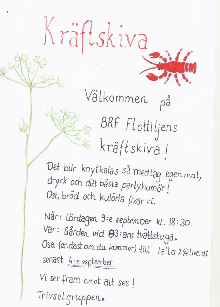 Kräftskiva 9e september kl 1830